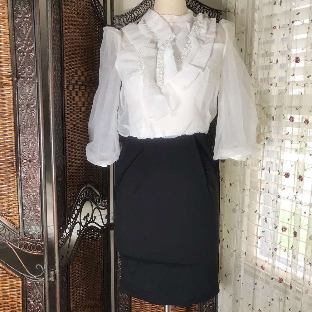 Allure White Ruffled Chiffon Blouse with Black Pencil Midi Skirt
